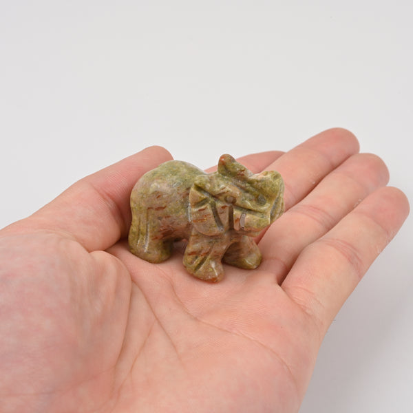 Carved Elephant Crystal Figurine, 1.5 inch, 2 inch Natural Chinese Unakite Elephant Gemstone