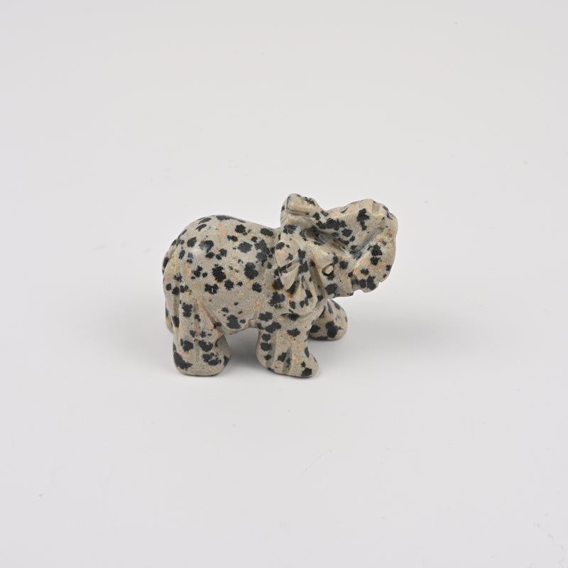 Carved Elephant Crystal Figurine, 1.5 inch, 2 inch Natural Dalmatian Jasper Elephant Gemstone