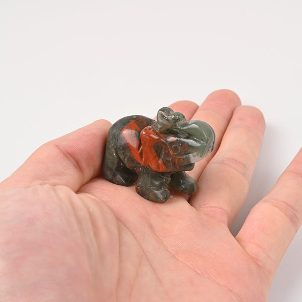 Carved Elephant Crystal Figurine, 1.5 inch, 2 inch Natural African Bloodstone Elephant Gemstone
