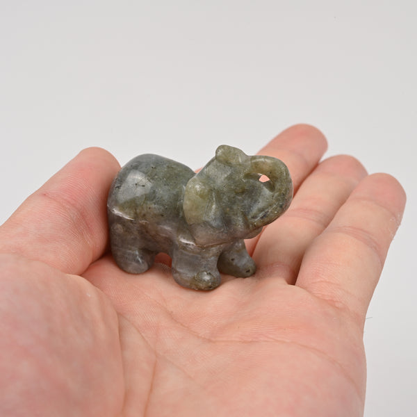 Carved Elephant Crystal Figurine, 1.5 inch, 2 inch Natural White Labradorite Elephant Gemstone