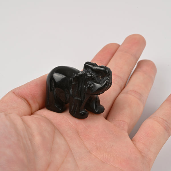 Carved Elephant Crystal Figurine, 1.5 inch, 2 inch Natural Black Obsidian Elephant Gemstone