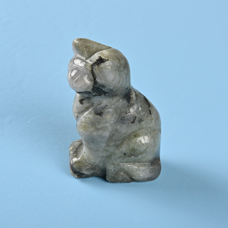 Carved Cat Crystal Figurine, 1.5 inch, 2 inch Natural White Labradorite Cat Gemstone