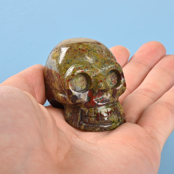 Carved Skull Crystal Figurine, 1.5 inch, 2 inch Natural Dragon Bloodstone Skull Gemstone