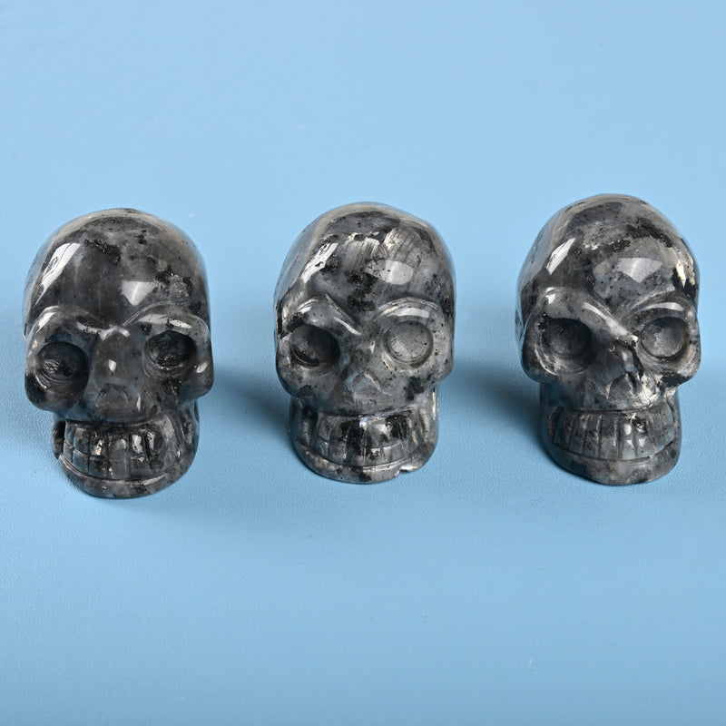 Carved Skull Crystal Figurine, 1.5 inch, 2 inch Natural Larvikite Labradorite Skull Gemstone