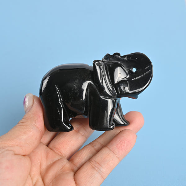Carved Elephant Crystal Figurine, 3 inch Natural Black Obsidian Elephant Gemstone