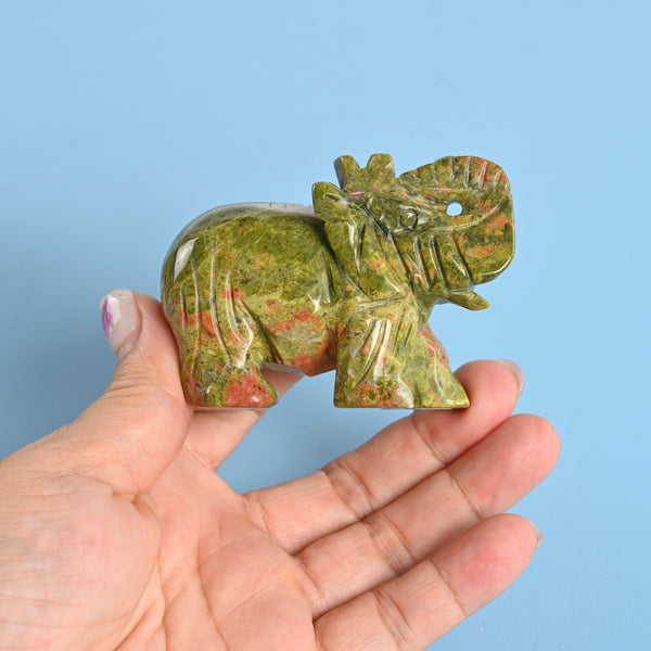 Carved Elephant Crystal Figurine, 3 inch Natural Unakite Elephant Gemstone