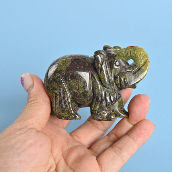 Carved Elephant Crystal Figurine, 3 inch Natural Dragon Bloodstone Elephant Gemstone