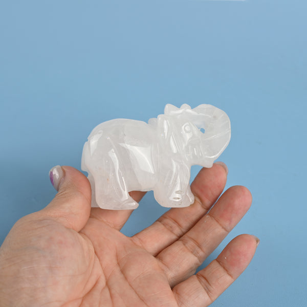 Carved Elephant Crystal Figurine, 3 inch Natural Clear Quartz Elephant Gemstone