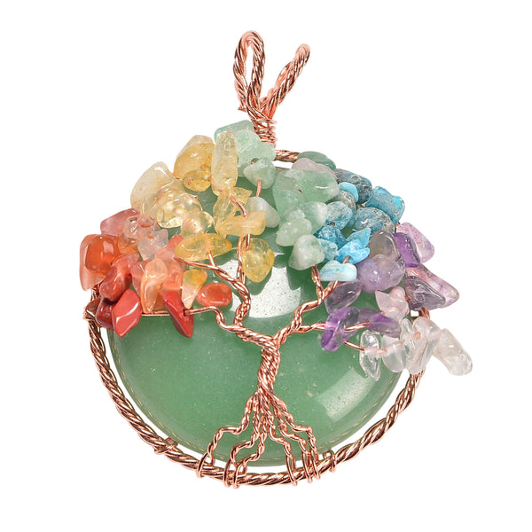 Green Aventurine 40mm Wire Wrapped Chakra Tree of Life Pendant Necklace Jewelry Gemstone 7 Chakra Chips Beads
