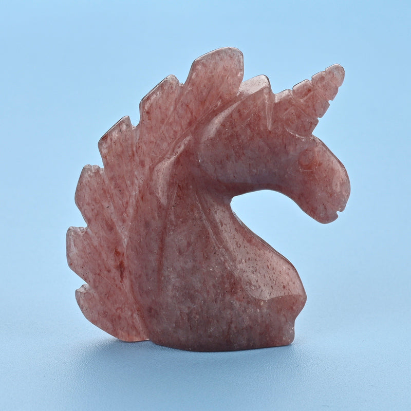 Carved Unicorn Figurine, 2 inches Natural Strawberry Quartz Unicorn Gemstone, Unicorn Crystal Decor, Strawberry Quartz.