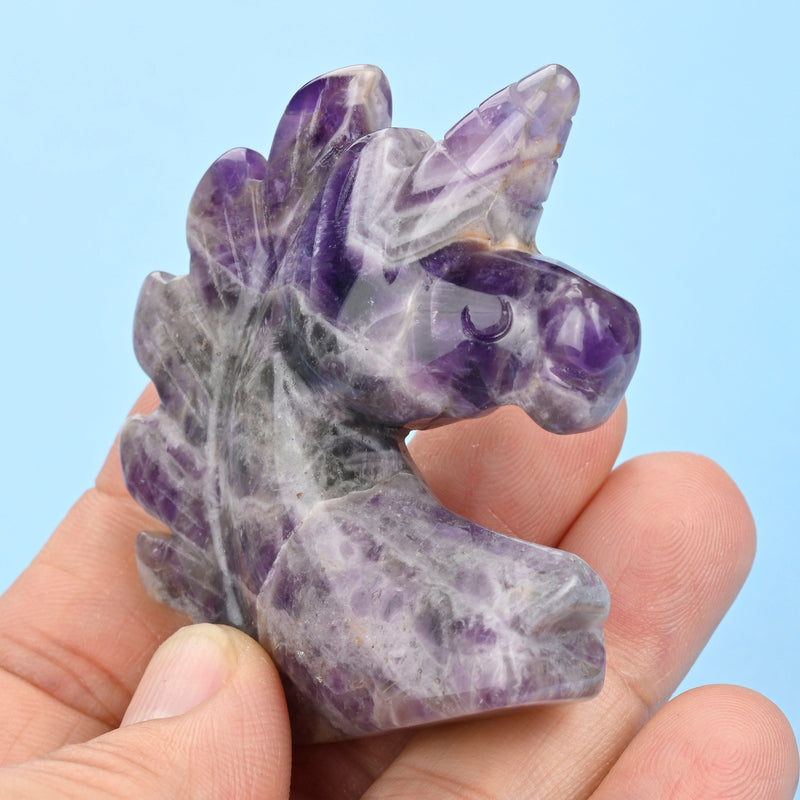 Carved Unicorn Figurine, 2 inches Natural Amethyst Unicorn Gemstone, Unicorn Crystal Decor, Amethyst.