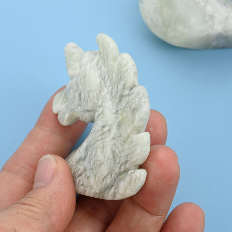 Carved Unicorn Figurine, 2 inches New Jade Unicorn Gemstone, Unicorn Crystal Decor, Serpentine.