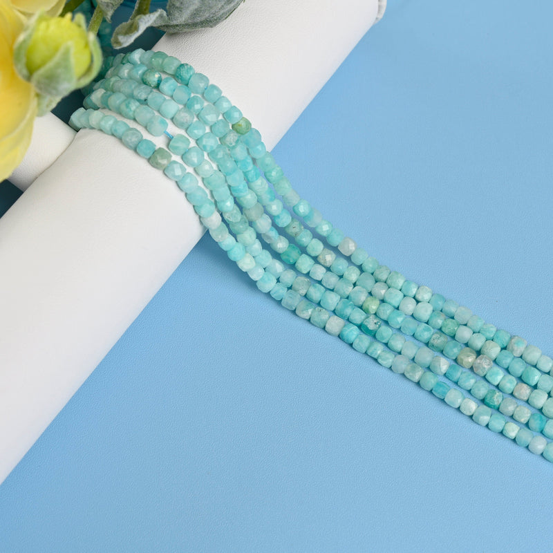 Green Amazonite Faceted Square Cube Diamond Cut Loose Beads 4mm - 15" Strand