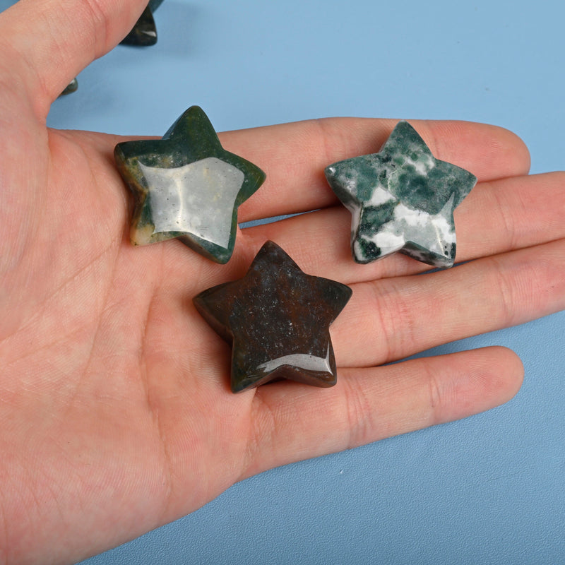 Carved Star Gemstone Crystal, Moss Agate Star Crystal Carving, 30mm Star Figurine, Pocket Stone.