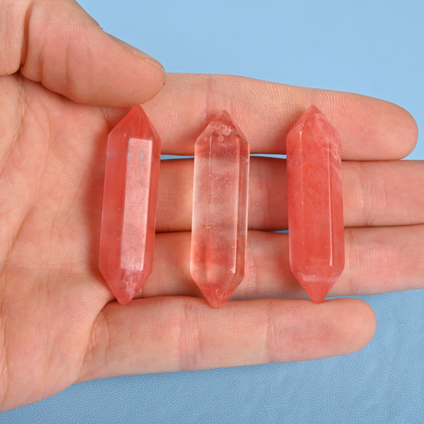 Drilled Hole Crystal Point Gemstone, Cherry Quartz Double Terminated Points Crystal, Hexagonal Crystal Pendant Necklace Charm.