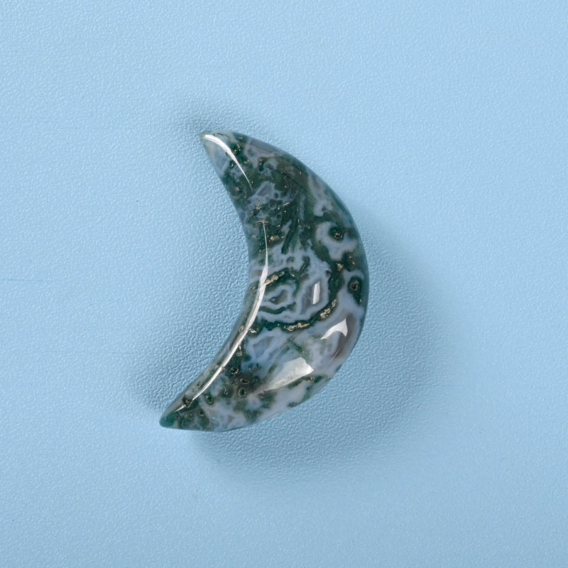 Carved Crescent Moon Crystal, Moss Agate Crescent Moon Gemstone, 32x20mm, Moon Crystal Decor.