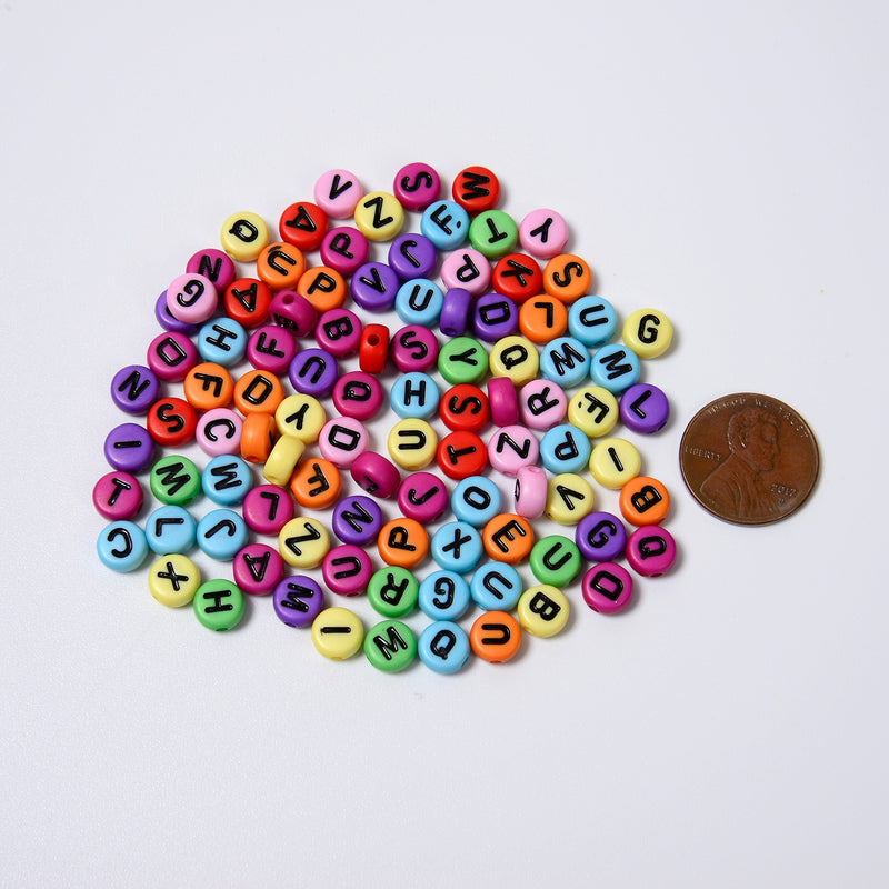 7mm Alphabet Letter Beads, Colorful Beads with Black Letters Flat Round Beads, A-Z Letters Acrylic Letter Beads, 100-200pcs