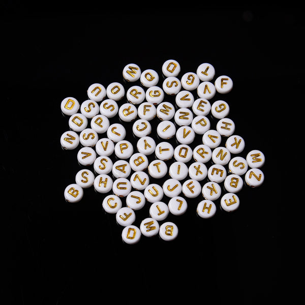 7mm Alphabet Letter Beads, White Beads with Gold Letters Flat Round Beads, A-Z Letters Acrylic Letter Beads, 100-200pcs