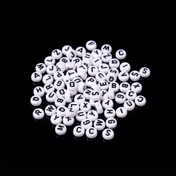 7mm Alphabet Letter Beads, White Beads with Black Letters Flat Round Beads, A-Z Letters Acrylic Letter Beads, 100-200pcs