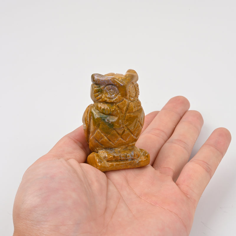 Handcraft Carved Natural Ocean Agate Owl Crystal Figurine, 1.5 inch, 2 inch Owl Gemstone
