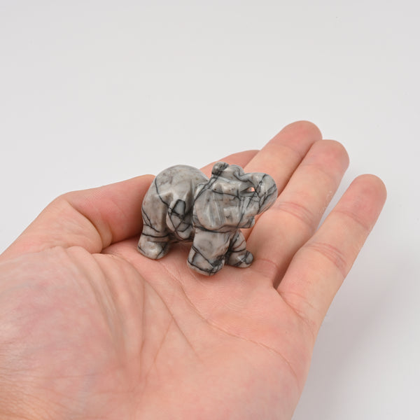 Carved Elephant Crystal Figurine, 1.5 inch, 2 inch Natural Black Net Jasper Elephant Gemstone