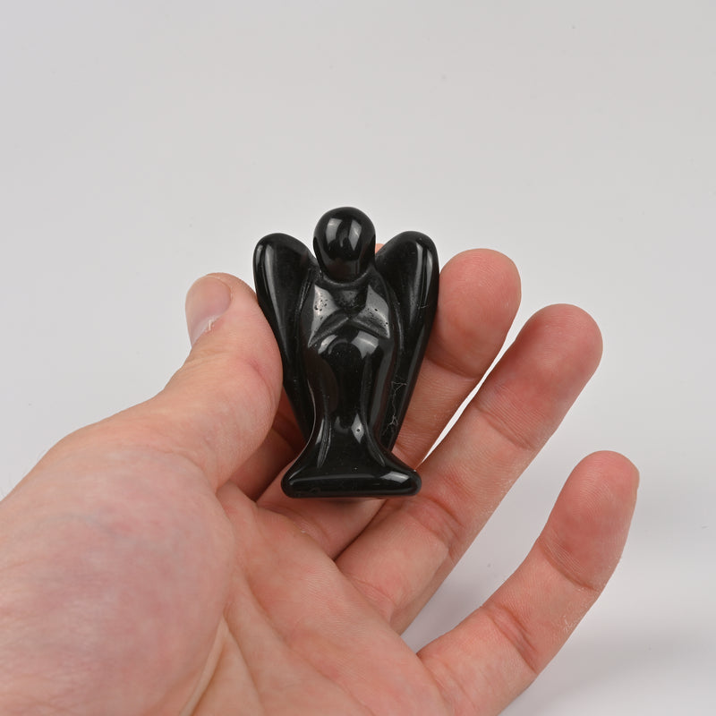 Handcraft Carved Black Obsidian Angel Crystal Figurine, 2 inch Angel Gemstone
