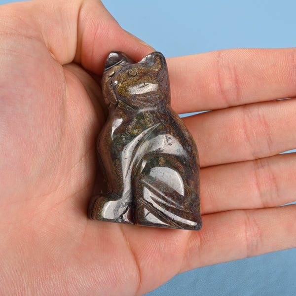Carved Cat Crystal Figurine, 1.5 inch, 2 inch Natural Dragon Bloodstone Cat Gemstone