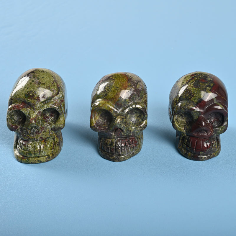 Carved Skull Crystal Figurine, 1.5 inch, 2 inch Natural Dragon Bloodstone Skull Gemstone