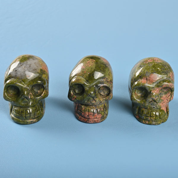 Carved Skull Crystal Figurine, 1.5 inch, 2 inch Natural Unakite Skull Gemstone