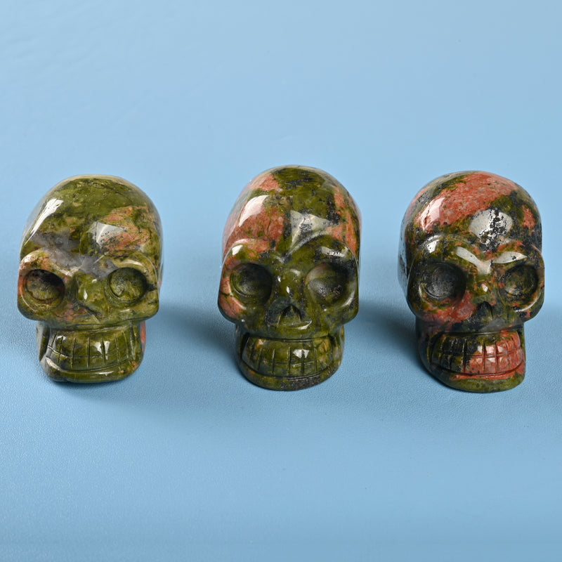 Carved Skull Crystal Figurine, 1.5 inch, 2 inch Natural Unakite Skull Gemstone