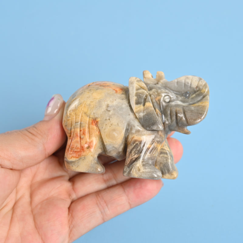 Carved Elephant Crystal Figurine, 3 inch Natural Crazy Agate Elephant Gemstone