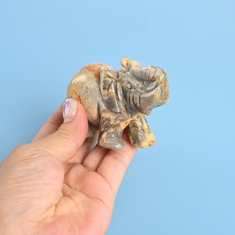Carved Elephant Crystal Figurine, 3 inch Natural Crazy Agate Elephant Gemstone