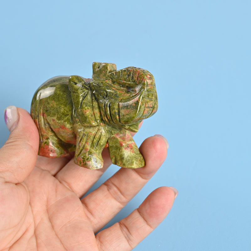 Carved Elephant Crystal Figurine, 3 inch Natural Unakite Elephant Gemstone