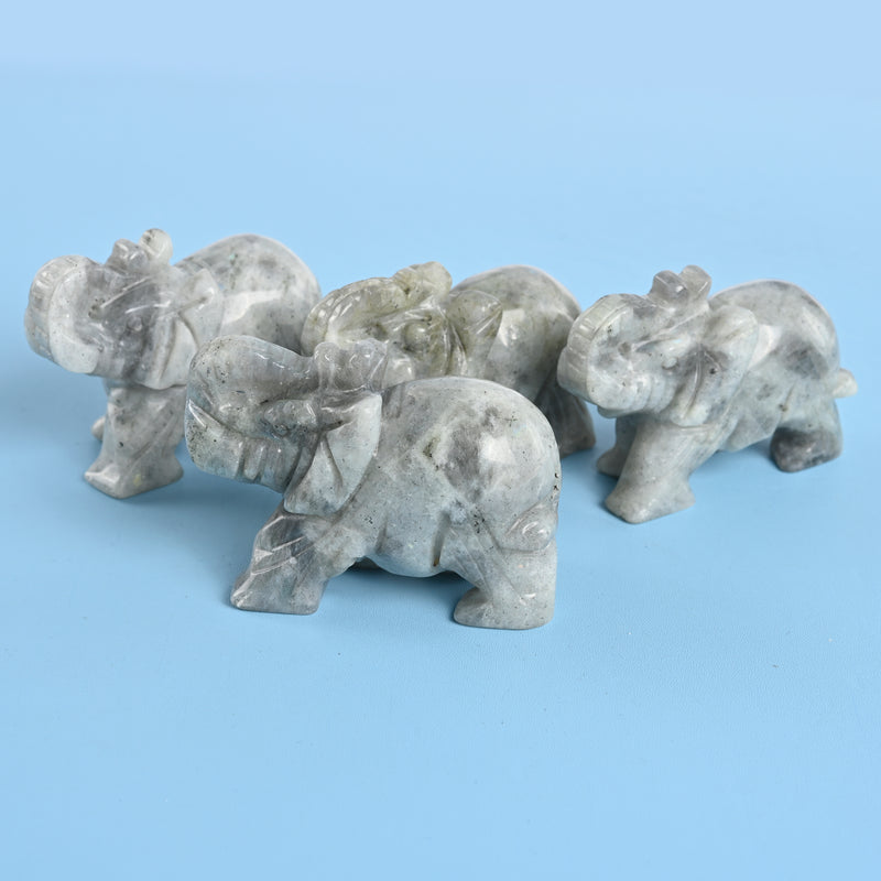 Carved Elephant Crystal Figurine, 3 inch Natural White Labradorite Elephant Gemstone