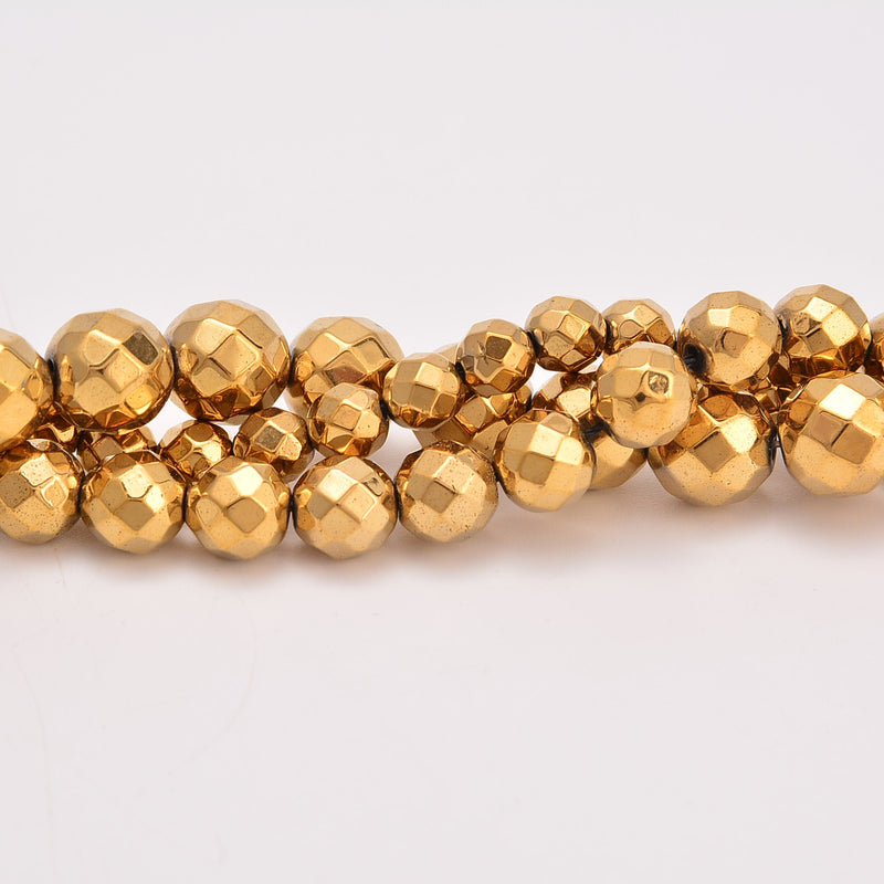 Gold Hematite Faceted Round Loose Beads 4mm-10mm - 15.5" Strand
