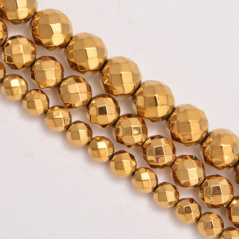 Gold Hematite Faceted Round Loose Beads 4mm-10mm - 15.5" Strand