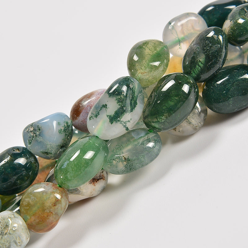 Moss Agate Smooth Pebble Nugget Loose Beads 6-8mm, 8-12mm - 15" Strand