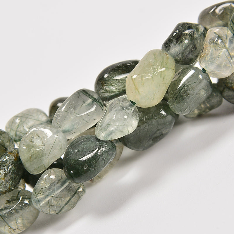 Green Rutilated Quartz Smooth Pebble Nugget Loose Beads 6-8mm, 8-12mm - 15" Strand