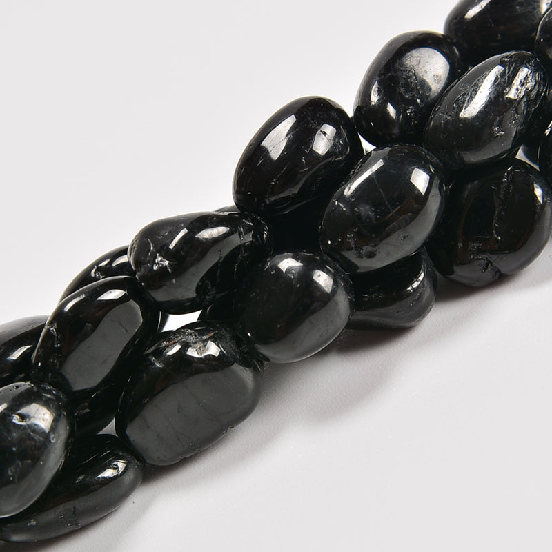 Black Tourmaline Smooth Pebble Nugget Loose Beads 6-8mm, 8-12mm - 15" Strand
