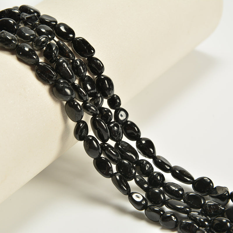 Black Tourmaline Smooth Pebble Nugget Loose Beads 6-8mm, 8-12mm - 15" Strand