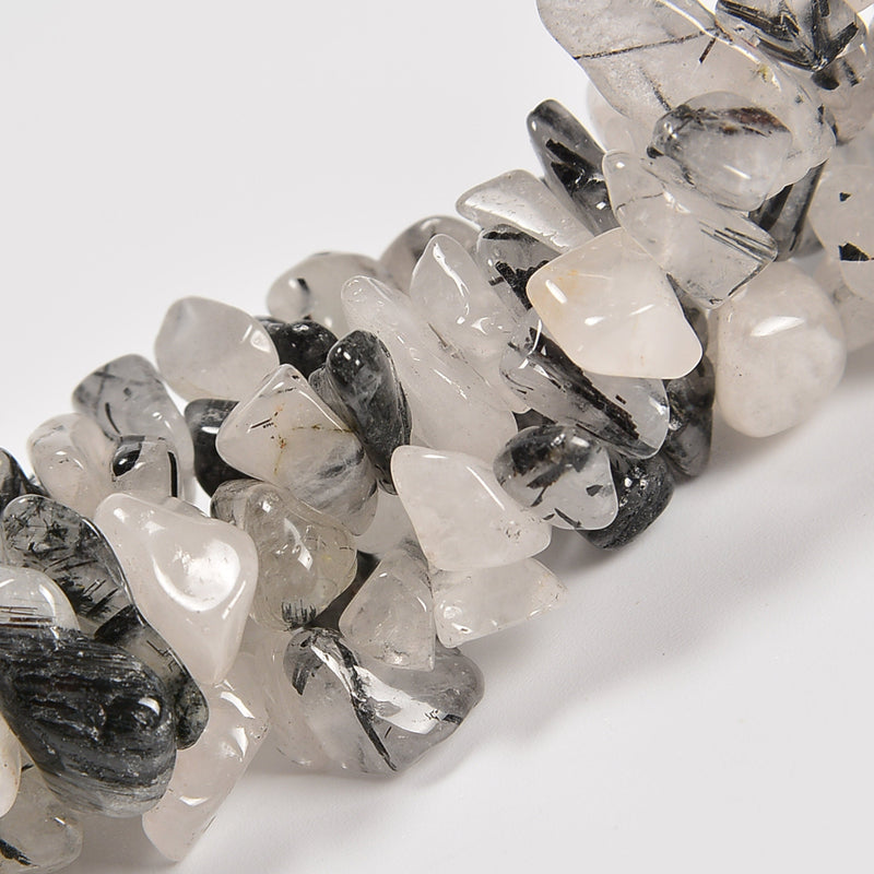 Black Rutilated Quartz Smooth Loose Chips Beads 7-8mm - 34" Strand