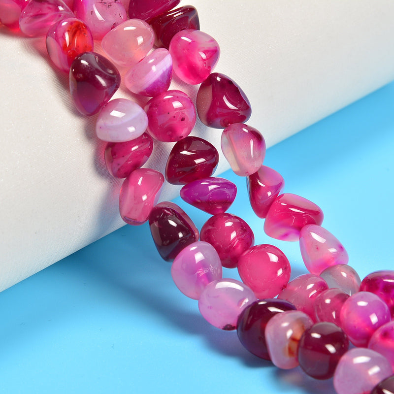 Fuchsia Stripe Agate / Pink Stripe Agate Smooth Center Drilled Nugget Loose Beads 10-12mm - 15" Strand