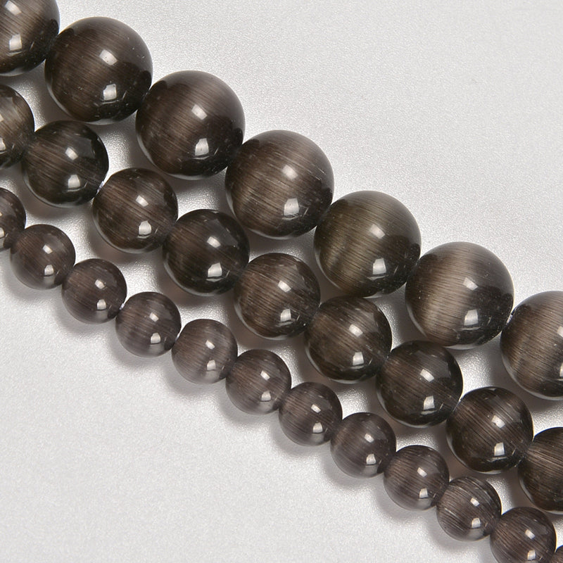 Black Gray Cat's Eye Smooth Round Loose Beads 6mm-10mm - 15" Strand