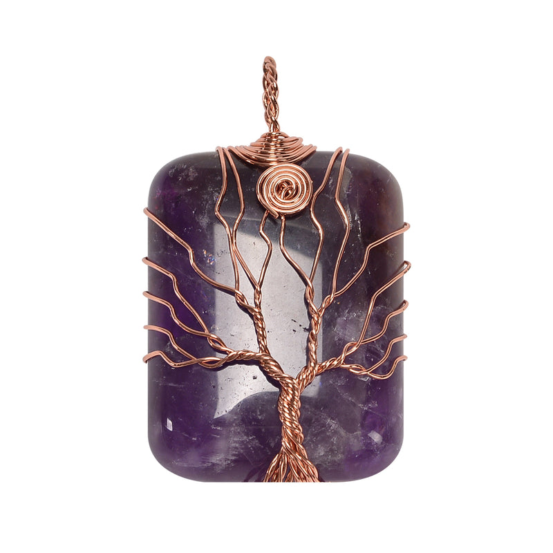 Amethyst 30x40mm Wire Wrapped Tree of Life Gemstone Rectangle Pendant Necklace Jewelry, Amethyst Rectangle Pendant