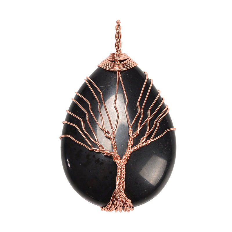 Black Obsidian 30x35mm Wire Wrapped Tree of Life Gemstone Drop Pendant Necklace Jewelry, Black Obsidian Drop Pendant
