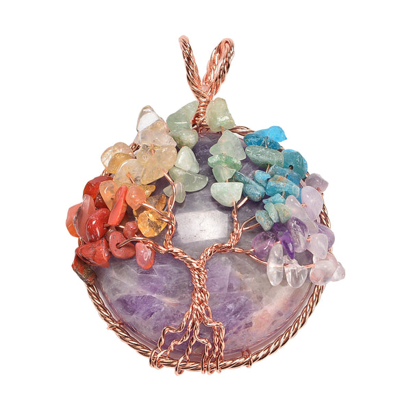 Amethyst 40mm Wire Wrapped Chakra Tree of Life Pendant Necklace Jewelry Gemstone 7 Chakra Chips Beads