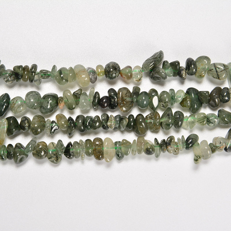 Green Rutilated Quartz Smooth Loose Chips Beads 7-8mm - 34" Strand