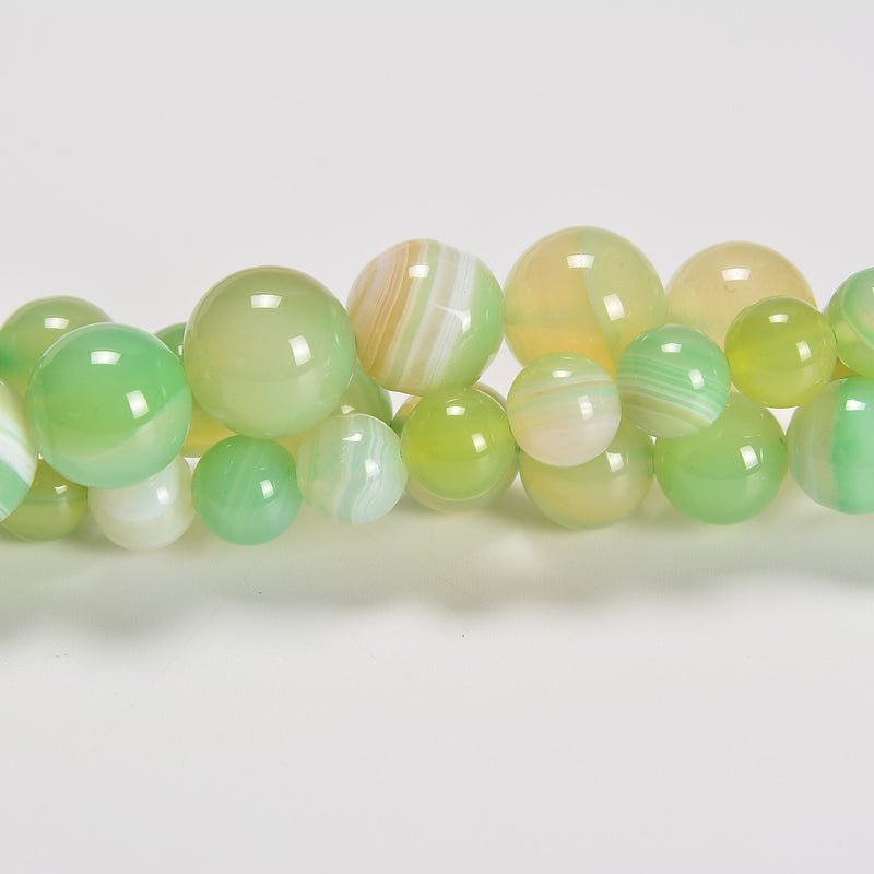 Cream Green Stripe Agate Smooth Round Loose Beads 8mm-12mm - 15.5" Strand