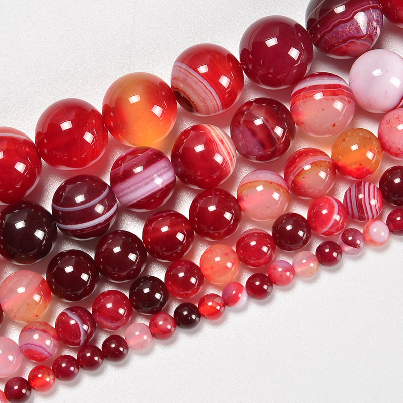 Christmas Red Stripe Agate Smooth Round Loose Beads 4mm-12mm - 15.5" Strand