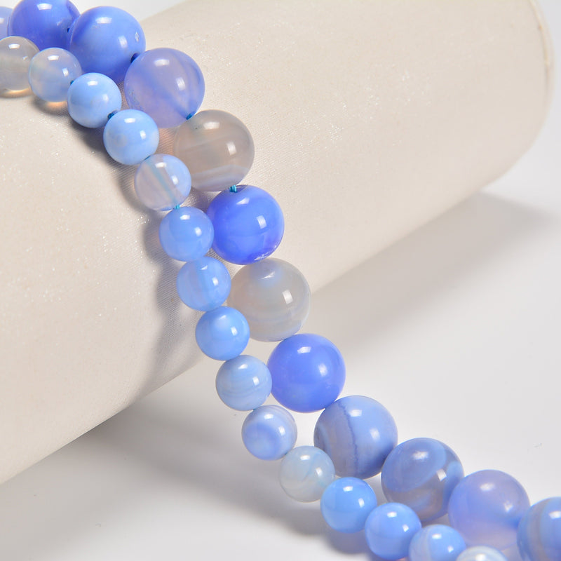 Blue Chalcedony Stripe Agate Smooth Round Loose Beads 8mm-12mm - 15.5" Strand